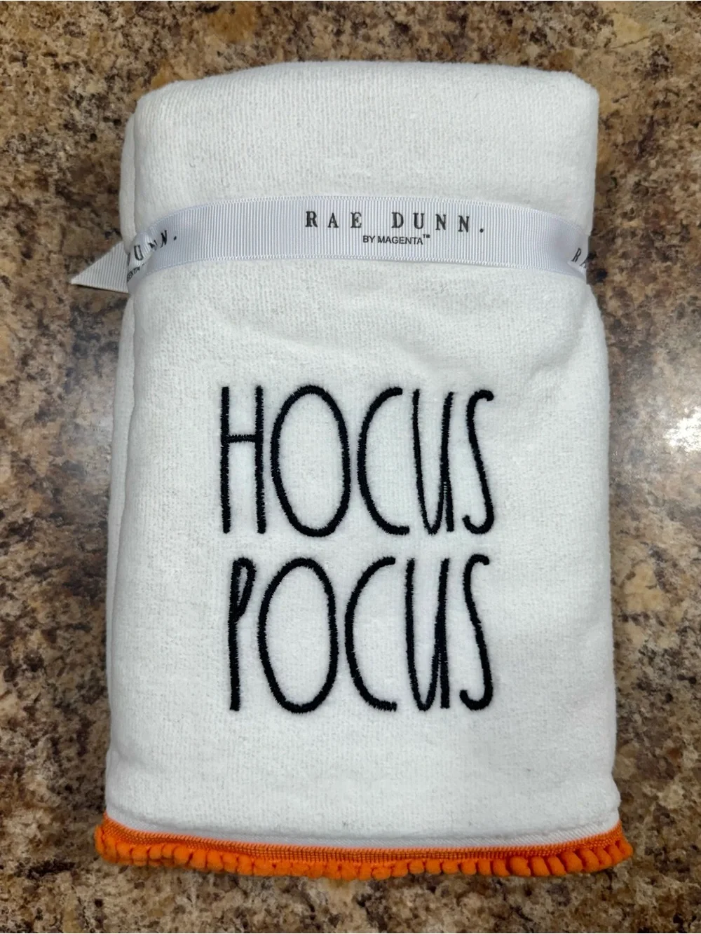 Rae Dunn Hocus Pocus White Hand Towel with Orange Trim Set of 2 NEW
